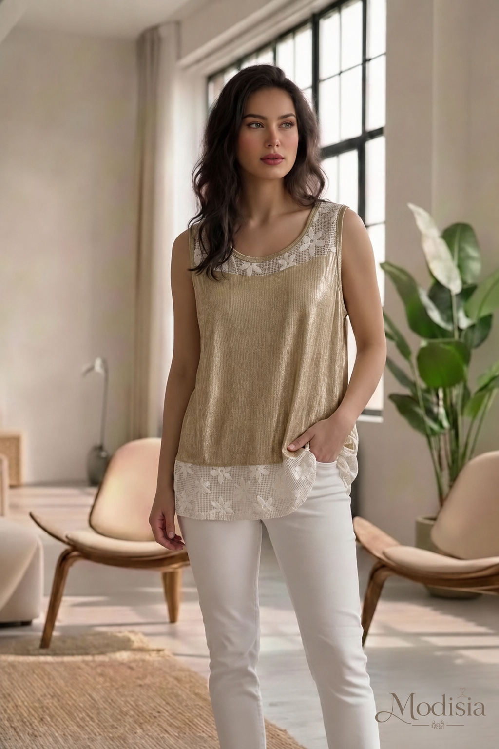 Włoska Bluzka z Koronką i Połyskiem – Modisia Golden Lace
