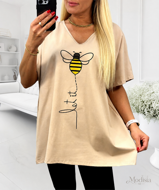 Beżowa Bluzka Oversize z Pszczółką – Modisia Let It Bee