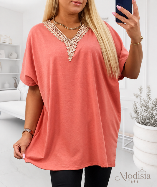 Koralowa Bluzka Oversize - Modisia Lace Charm