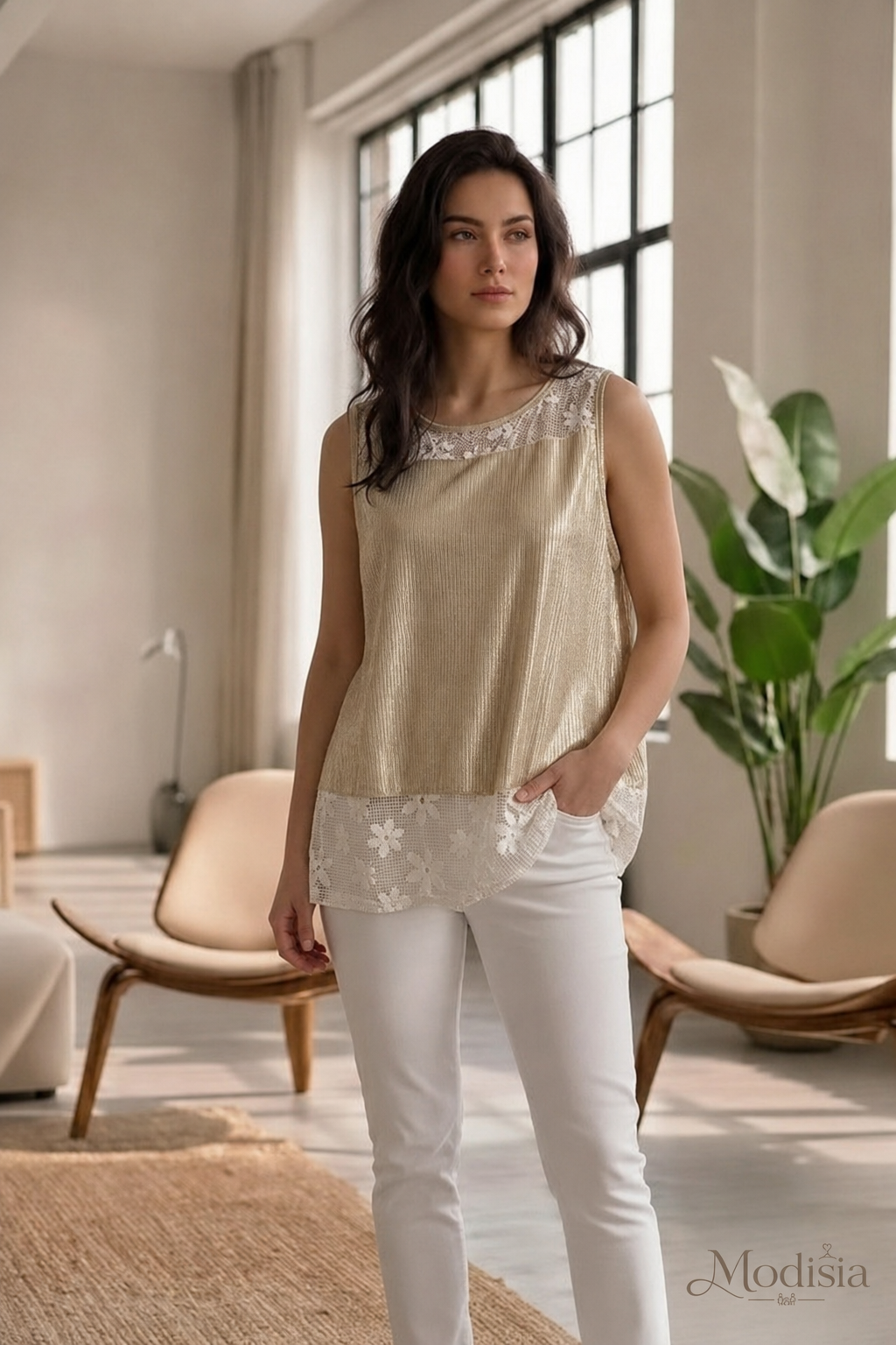 Włoska Bluzka z Koronką i Połyskiem – Modisia Golden Lace