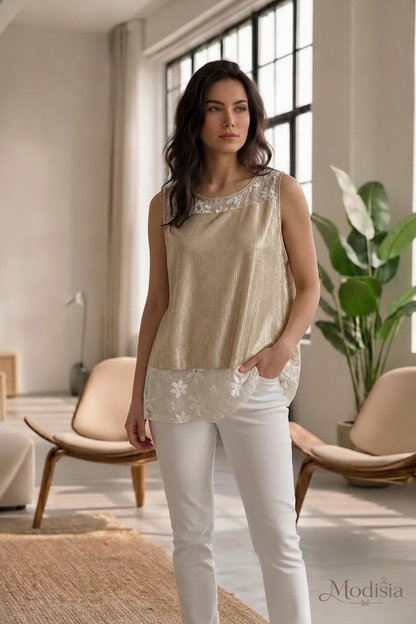 Włoska Bluzka z Koronką i Połyskiem – Modisia Golden Lace
